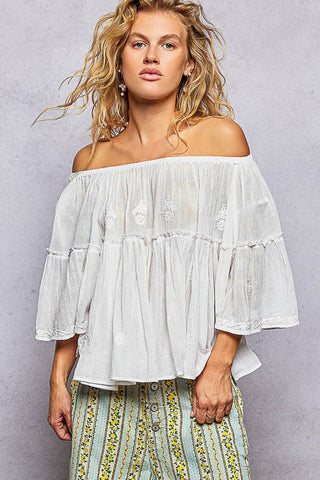 Off Shoulder Bell Sleeves Floral Embroidery Top