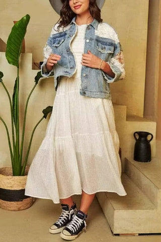 Denim Jacket with Lace Sleeves