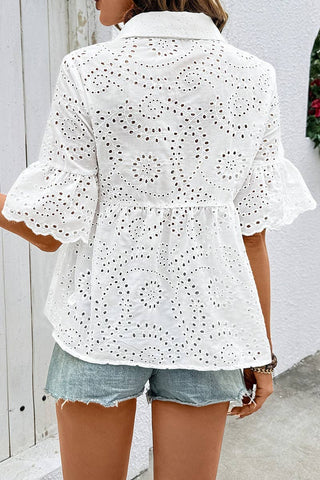 Eyelet Peplum Button-Up Blouse