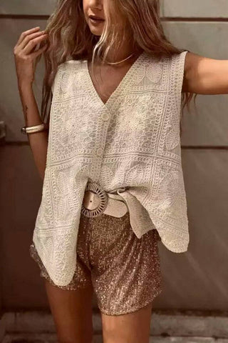 Sleeveless V-Neck Buttoned Crochet Tank