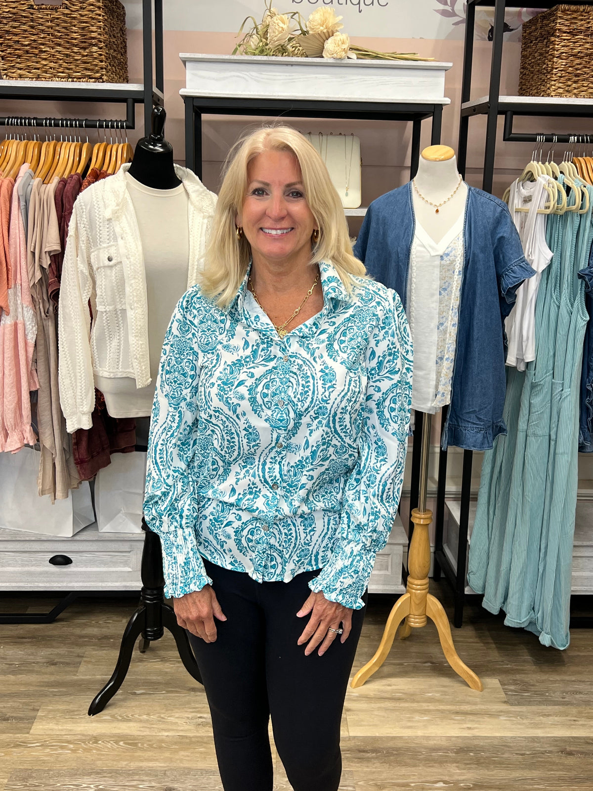 Paisley Smocked Cuff Buttoned Shirt