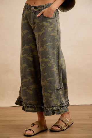 Camouflage Denim Ruffle Hem Pant
