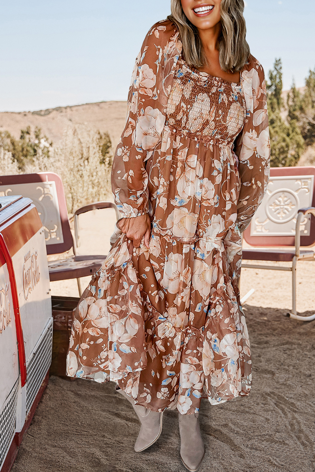 Boho Floral Shirred High Waist Maxi Dress