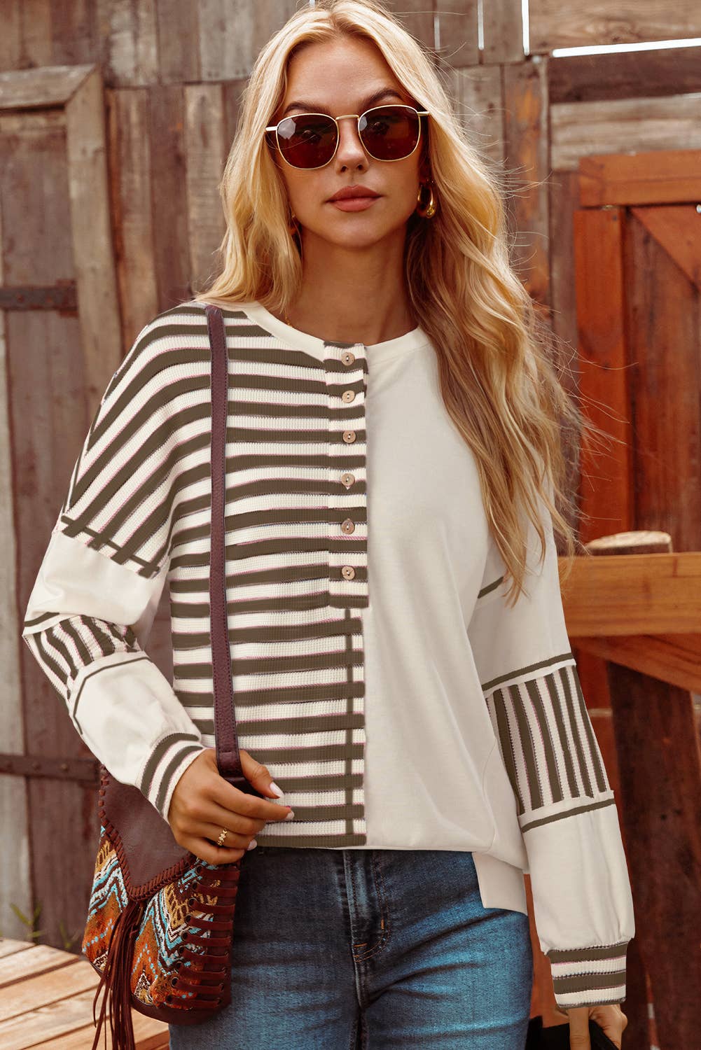Stripe Stitch Detail Color Block Patched Oversized Top