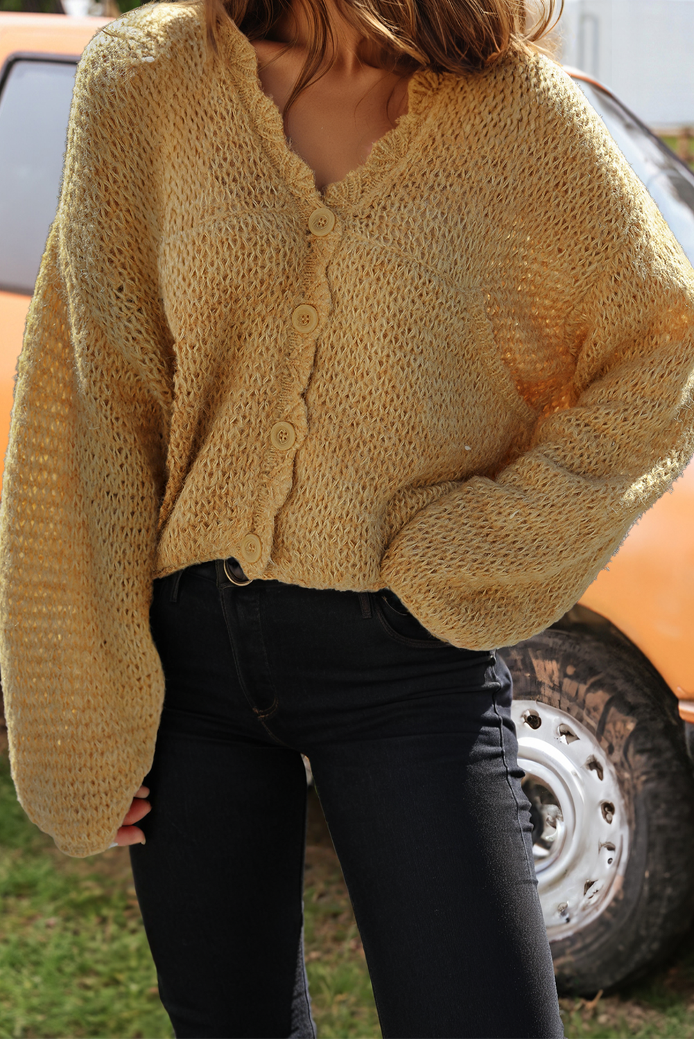 Lantern Sleeve Scallop Buttoned Front Cardigan