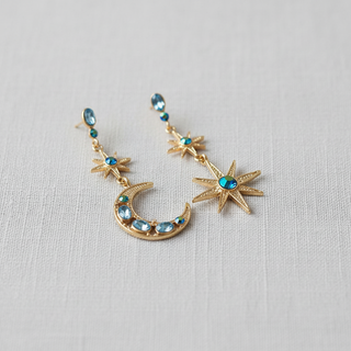 Blue Crystal Star & Moon Drop Earrings
