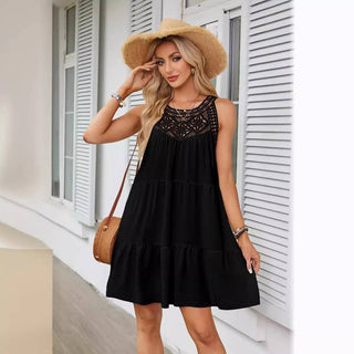 Halter Neck Lace Trim Tiered Dress