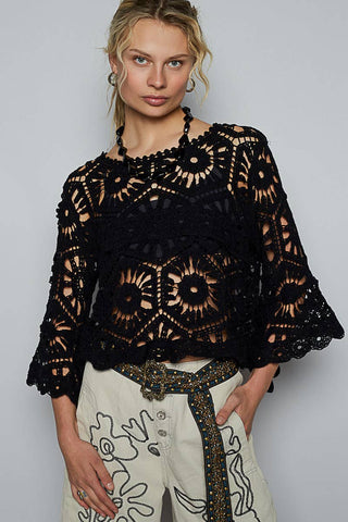 Round Neck 3/4 Sleeve Crochet Cropped Top