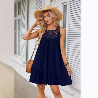 Halter Neck Lace Trim Tiered Dress