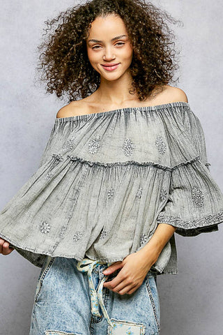 Off Shoulder Bell Sleeves Floral Embroidery Top