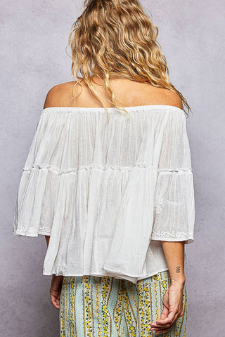 Off Shoulder Bell Sleeves Floral Embroidery Top