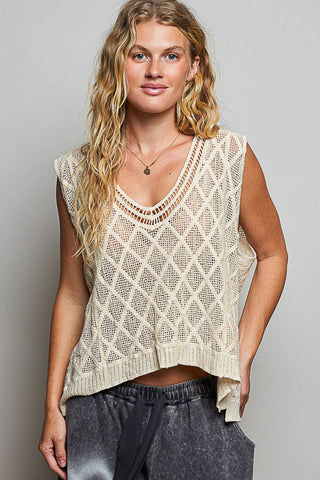 V-neck Diamond Weave Crochet Sleeveless Knit Top