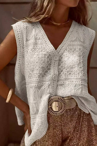 Sleeveless V-Neck Buttoned Crochet Tank