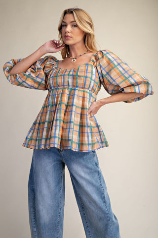 Plaid Organza Babydoll Top