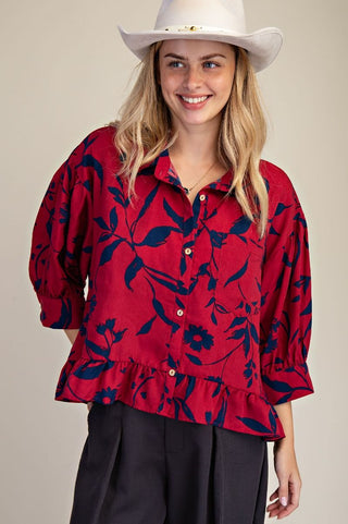 Printed Challis Ruffle Bottom Top