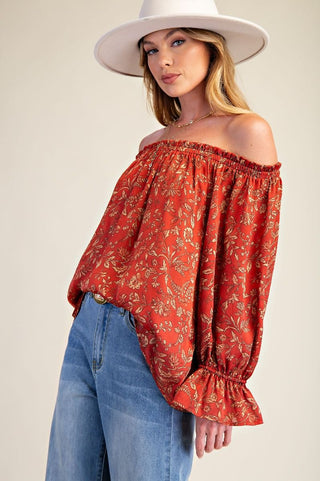 Floral Printed Satin Off Shoulder Top