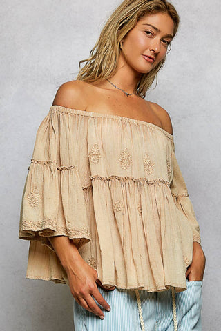 Off Shoulder Bell Sleeves Floral Embroidery Top