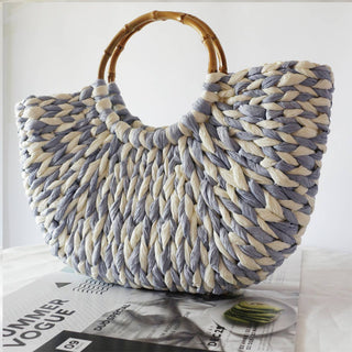 Weaving Straw Bag With Bamboo Handles