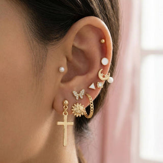 Mixed Pearls & Cross Earrings Set