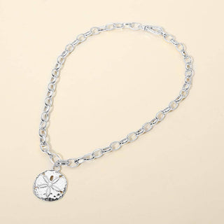 Hammered Metal Sand Dollar Pendant Chunky Chain Necklace